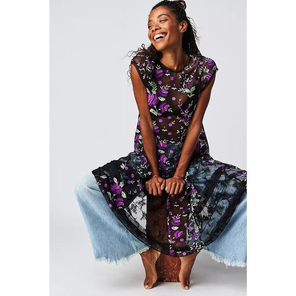 New Free People Sky Bright Floral Midi Dress $228 MEDIUM Black/Purple Sheer Mesh - Picture 1 of 7